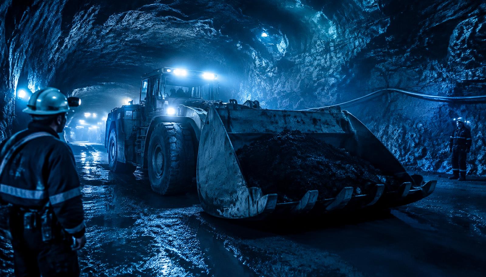 Underground mine loader operating in a lit tunnel